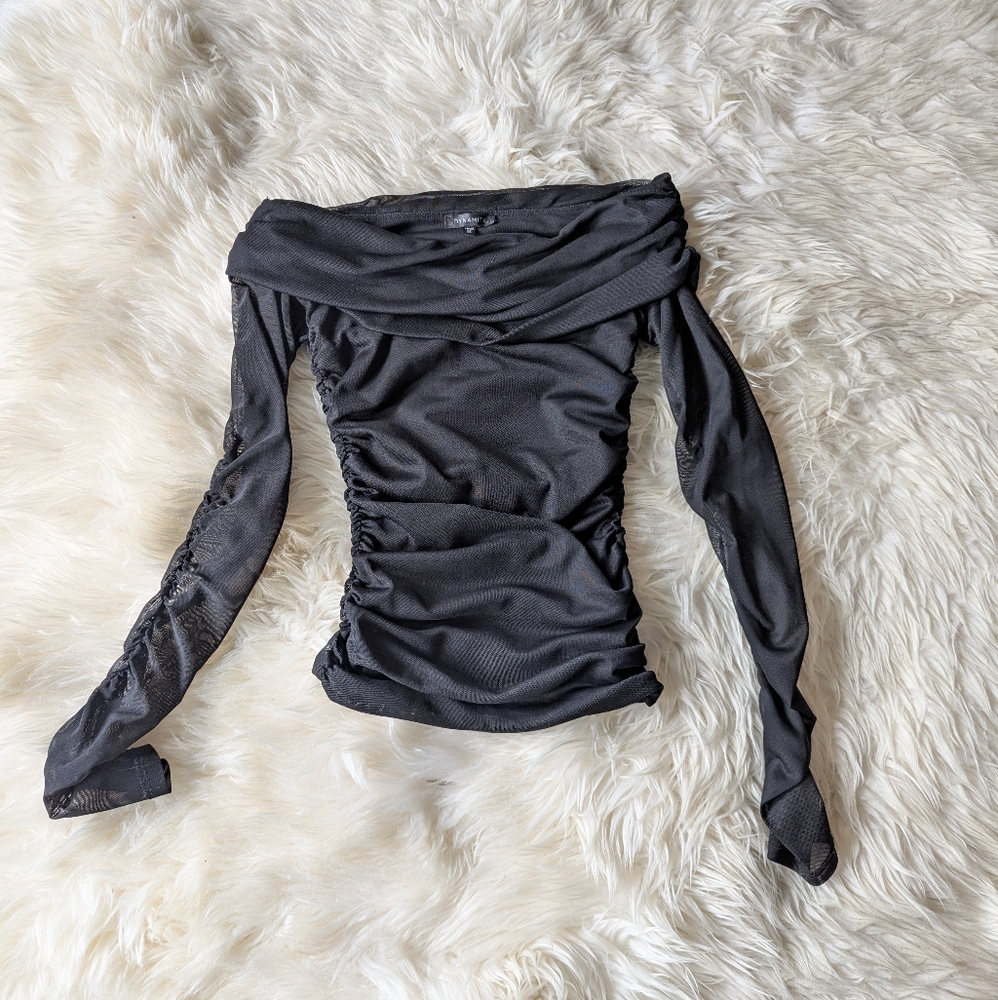 dynamite semi sheer off shoulder black ruched top